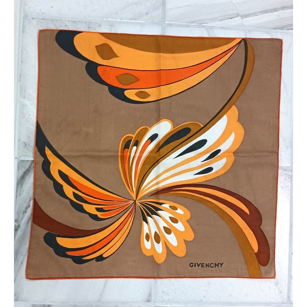 Vintage GIVENCHY Cotton scarf or bandana, Orange Brown swirl 21 inch square